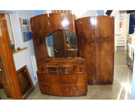 A walnut Art Deco bow front three piece bedroom suite. Contactless collection is strictly by appointment on Thursday, Friday 