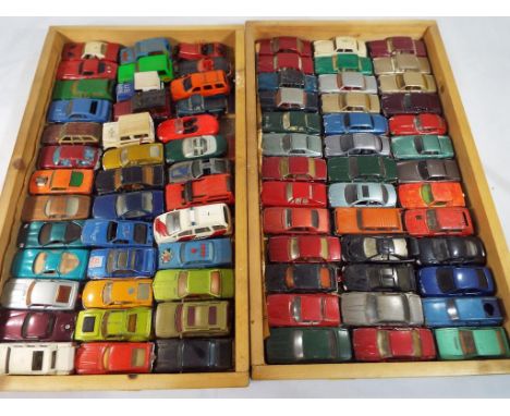 Diecast Models - two wooden trays containing a quantity of approx 78 diecast model cars and trucks to include Corgi, Matchbox