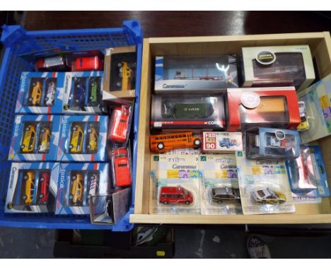 two trays containing a quantity of diecast model, motor vehicles to include Cararama, Siku, Corgi, Oxford Commercials, Oxford