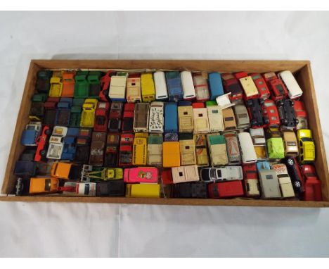 Diecast Models - a wooden tray containing approx 75 diecast model motor vehicles to include Majorette, Welly, Corgi, Matchbox