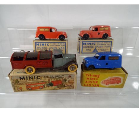 Triang Minic Toys - A clockwork Triang Minic dust cart with key (working order), boxed. 2 red clockwork Morris light vans wit