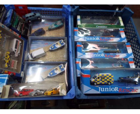 Cararama - 2 trays containing a quantity of diecast model motor vehicles and speedboats to include Cararama, Junior Rescue, 1