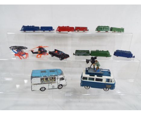 Diecast - a collection of three Gaiety toy trains with carriages, a Corgi Smiths Karrier van, a Corgi Commer Bus 2500 series 