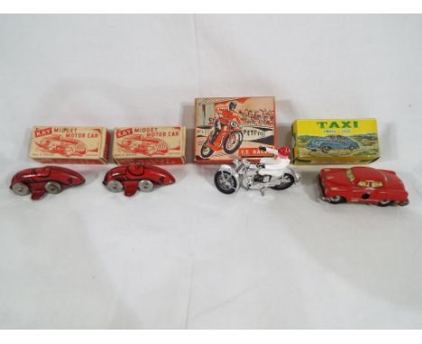 A boxed Morestone T.T Racer, 2 Kay clockwork midget motor cars (boxed) and a boxed Codeg tinplate clockwork taxi in box.