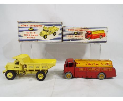 Dinky Toys - a Dinky toys #965 Euclid Rear Dump truck in pale yellow, near mint in good original Dinky Supertoys blue and whi