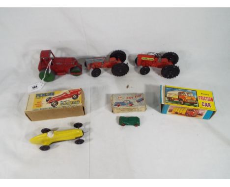 2 Lone Star "Farm King" tractors in red (1 is missing steering wheel), a Penguin series 4 Plastic Racer in box, an NPL Ray Ca