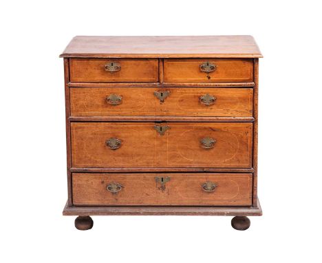 A William & Mary walnut chest of drawers, with boxwood strung detail, fitted two short over three long drawers all with confo