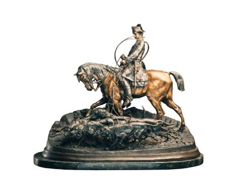 After P.J. Mene (French, 1810-1879) 'Valet De Chasse', a very large patinated cast bronze equestrian figure group, 20th centu