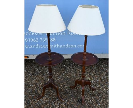 A pair of mahogany tripod reading lamp wine tables (height without shade 104 cm, with shade 140 cm)(2)