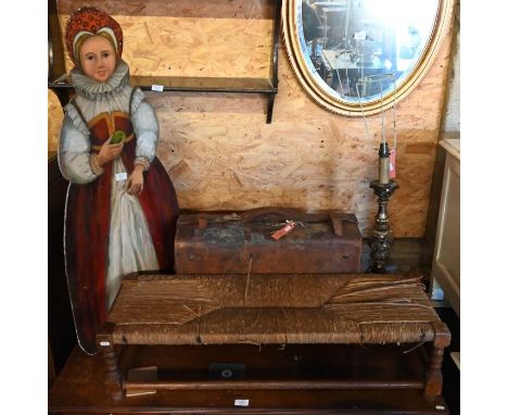 An antique polychrome painted figural firescreen 105 cm h to/with a drop leaf table/stool, a battered leather suitcase, Itali