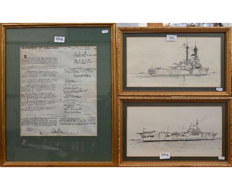 Two pencil studies - HMS Indefatigable - Pacific and HMS Revenge - E Indies Fleet, 19 x 34 cm to/w Japanese surrender framed 