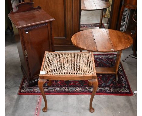 A cane seat stool to/with a pot cupboard and a small drop-leaf occasional table (3)