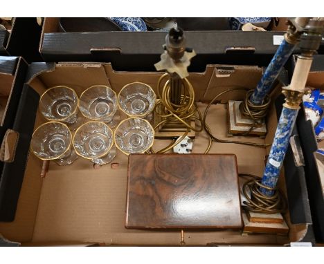 A Dunhill walnut cigar humidor to/w a set of six Bohemian glass sundae dishes with gilt vine decoration, pair of marble pilla