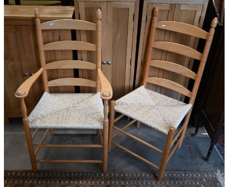 A set of six modern light ash ladderback dining chairs with rush seats - four standard and two carvers (5)