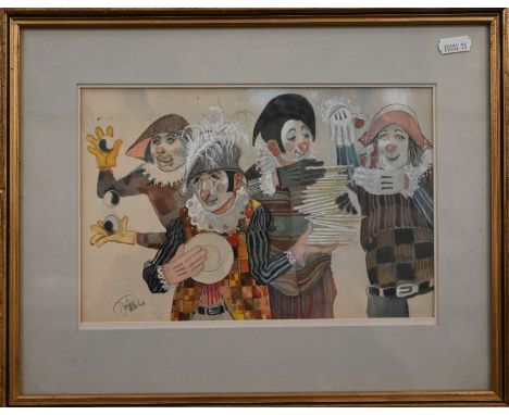 Three various clown pictures - watercolour group of clowns, print after Hal Crecy and print head of a clown (3)