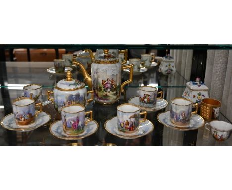 A 19th century Fischer &amp; Mieg (Pirkenhammer) coffee service, finely painted with figures in historical costume, comprisin