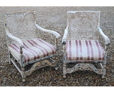 A distress painted cane back two-seater sofa (no cushion) 65 cm d x 124 cm w x 86 cm h&nbsp;to/with a pair of matching armcha