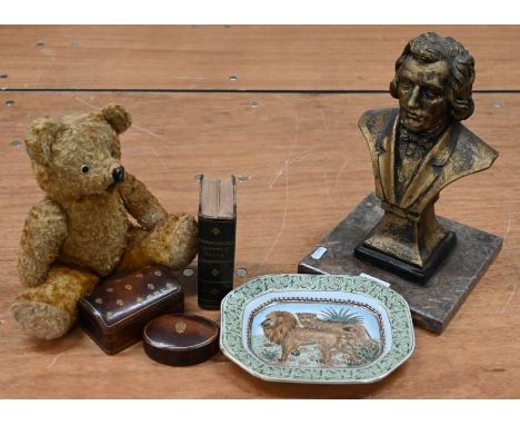 A vintage gold plush teddy bear, 32 cm to/w a gilt plaster bust on marble base, Anglo-Indian cake stand, two leather cufflink