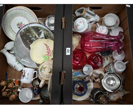 Two boxes of ceramics and glassware, including Doulton, Hummel, Carlton, cranberry, small silver trophy cup etc (2)