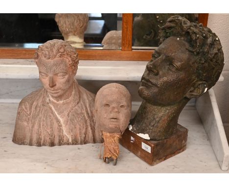 Plaster portrait head of a young man (mid 20th century), 40 cm high (unsigned) to/w another plaster bust and a terracotta inf