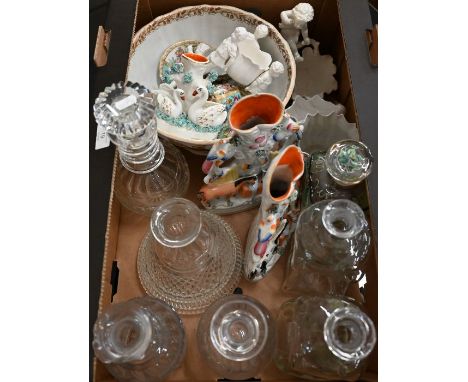 Seven various decanters, pair of Staffordshire flatback spill-vase groups and a smaller example, two Dresden cups and saucers