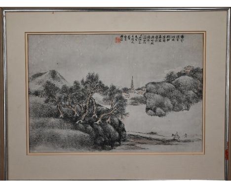 A Chinese painting, ink and colour on paper, figures and dwelling in a rocky landscape with pine trees, calligraphy inscripti