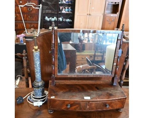 A Victorian mahogany toilet mirror on bowfront two drawer platform base, 52 c m w x 22 cm d x 56 cm h to/w a simulated blue v
