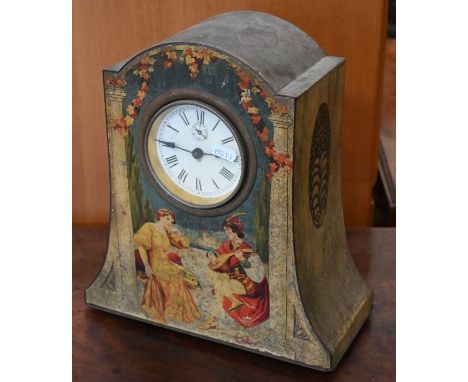 An antique printed tin mantle clock, 31 cm to/w a vintage school bell (2)