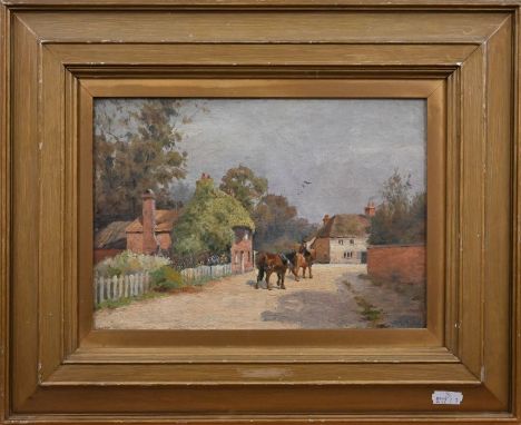 A G K - A country lane with horses, oil on canvas, 18 x 26 cm