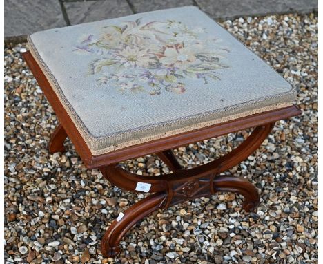 A 19th century walnut framed stool with floral tapestry seat, 54 cm x 54 cm x 39 cm h&nbsp;