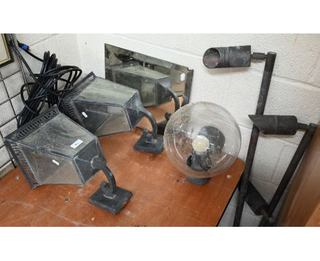 A pair of metal-framed wall lights to/w a single globular light and a graduated set of three adjustable garden lights 6)