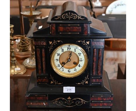 A 19th century French architectural slate and marble mantel clock with 'Marti' drum movement striking on coiled gong, 29 cm w