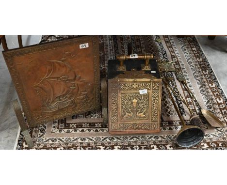 A brass fire screen embossed with two galleons to/w a brass coal scuttle with shovel, and various fire tools