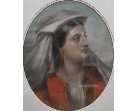 19th century Continental school - Portrait of a young lady in red dress, pastel, 53 x 42 cm (oval)