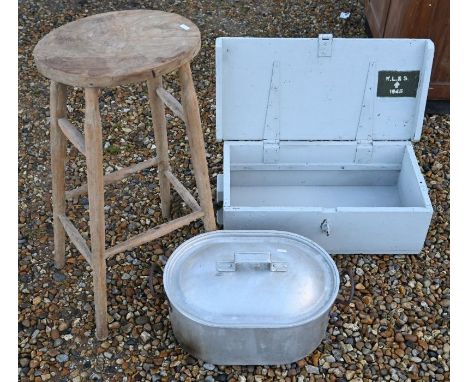 A WWII ammunition box to/w a pine stool and a zinc ham boiler (3)