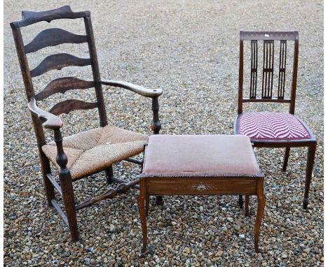 An antique rope seat bar back armchair to/with an inlaid Edwardian parlour side chair and an inlaid box seat piano stool (3)