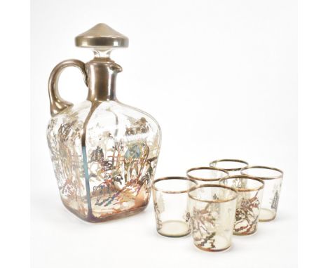 A vintage 20th Century glass hunting scene decanter with six drinking glasses with silver overlay. Large round silver stopper