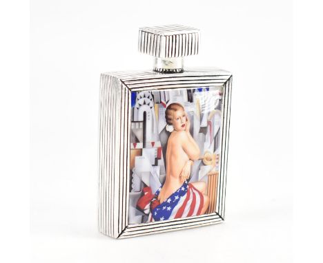 An 800 silver, enamel &amp; ruby art deco style perfume bottle. The bottle of rectangular form with etched reeded design thro