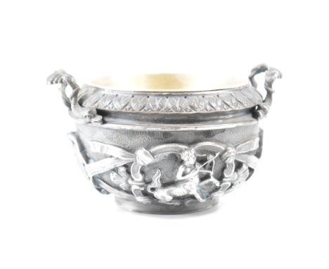 An antique Italian 800 silver table salt cruet. The pot having twin handles to the top with a moulded acanthus leaf rim, two 