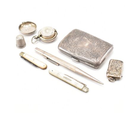 A collection of antique &amp; later silver items. The lot to include; a scrolling foliate design cigarette case hallmarked fo
