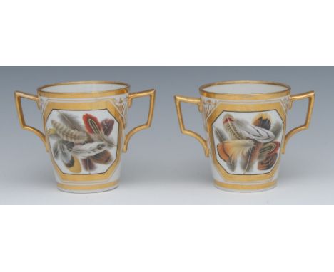 A pair of Barr, Flight & Barr Worcester two handled loving cups, painted in the manner of Thomas Baxter, banded with anthemio