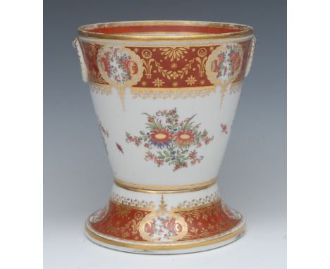 A Chamberlain Worcester cache pot and stand, decorated with stylised flowers, banded in burnished orange with oval cartouches