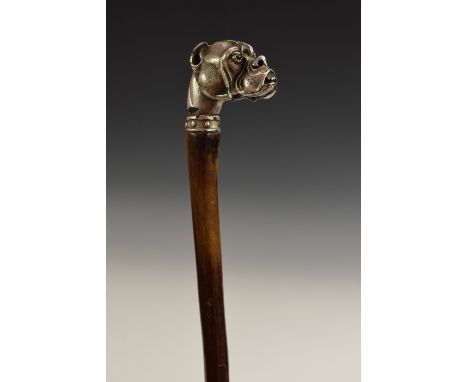 A novelty walking stick, the silvered pommel cast as the head of a bulldog, 87cm long