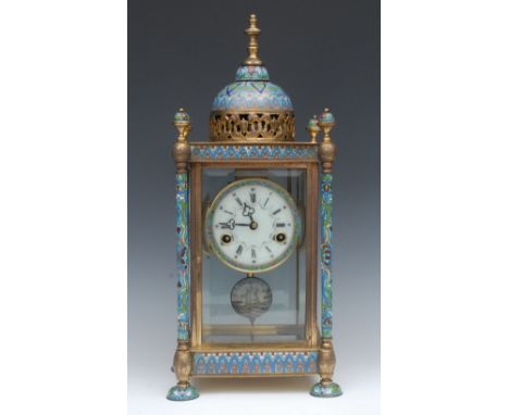A 20th century brass and cloisonné mantel clock, the 10cm dial with Roman numerals, twin winding holes, eight-day movement st