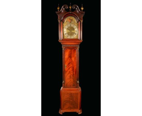 A George III Lancashire mahogany longcase clock, 33.5cm arched brass dial, inscribed William Kirk, Stockport, Roman and Arabi