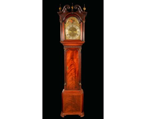 A George III Lancashire mahogany longcase clock, 33.5cm arched brass dial, inscribed William Kirk, Stockport, Roman and Arabi