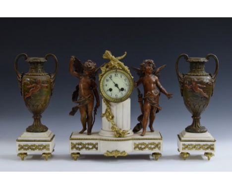 A 19th century French marble, gilt and patinated metal clock garniture, 9cm ceramic dial inscribed with Arabic numerals, twin