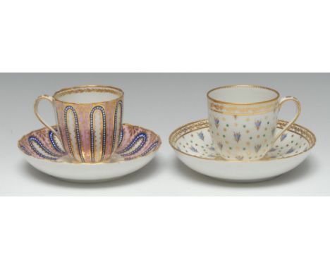 A Derby fluted coffee cup and saucer, pattern 273, the cobalt rounded flutes 'jewelled' in white enamel with raised beads, th