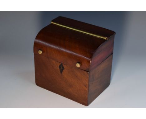An early 19th century Dutch mahogany novelty tea caddy, as a cylinder desk, hinged cover with brass handles, inlaid kite shap