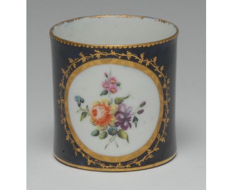 A Chelsea-Derby cylindrical toilette pot, inspired by Vincennes, painted in polychrome enamels with sprays of country flowers